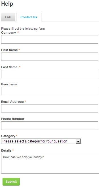 Support form screenshot