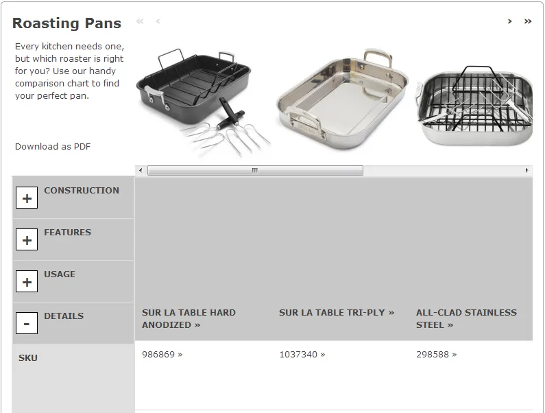 Product comparison screenshot